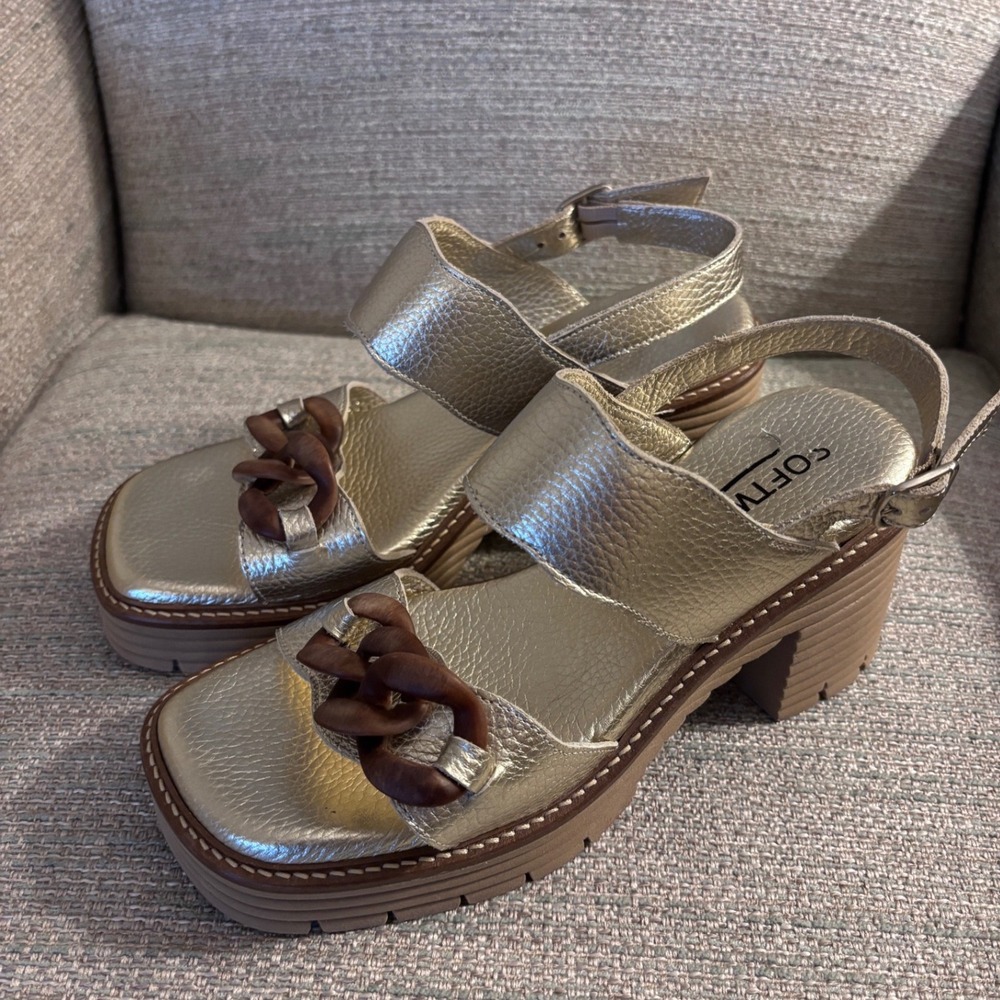 Softwaves Metallic Gold Leather Platform Birdie Sandals Chain Link Block Heel 37